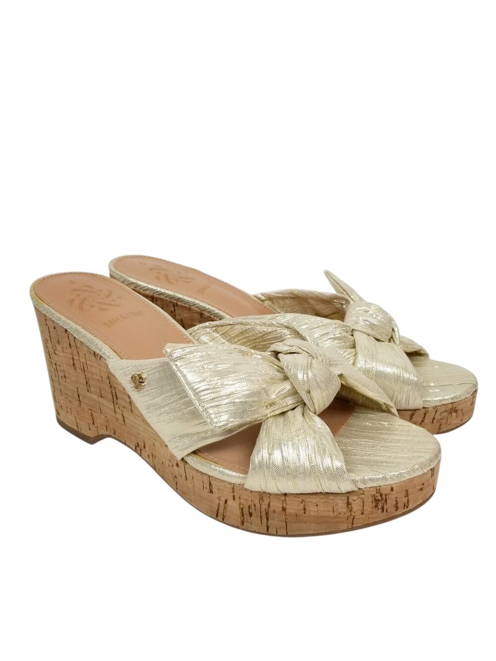 Sam & Libby Claudia Gold Metallic Cork Wedge Heel Fabric Knot Sandals Womens 8